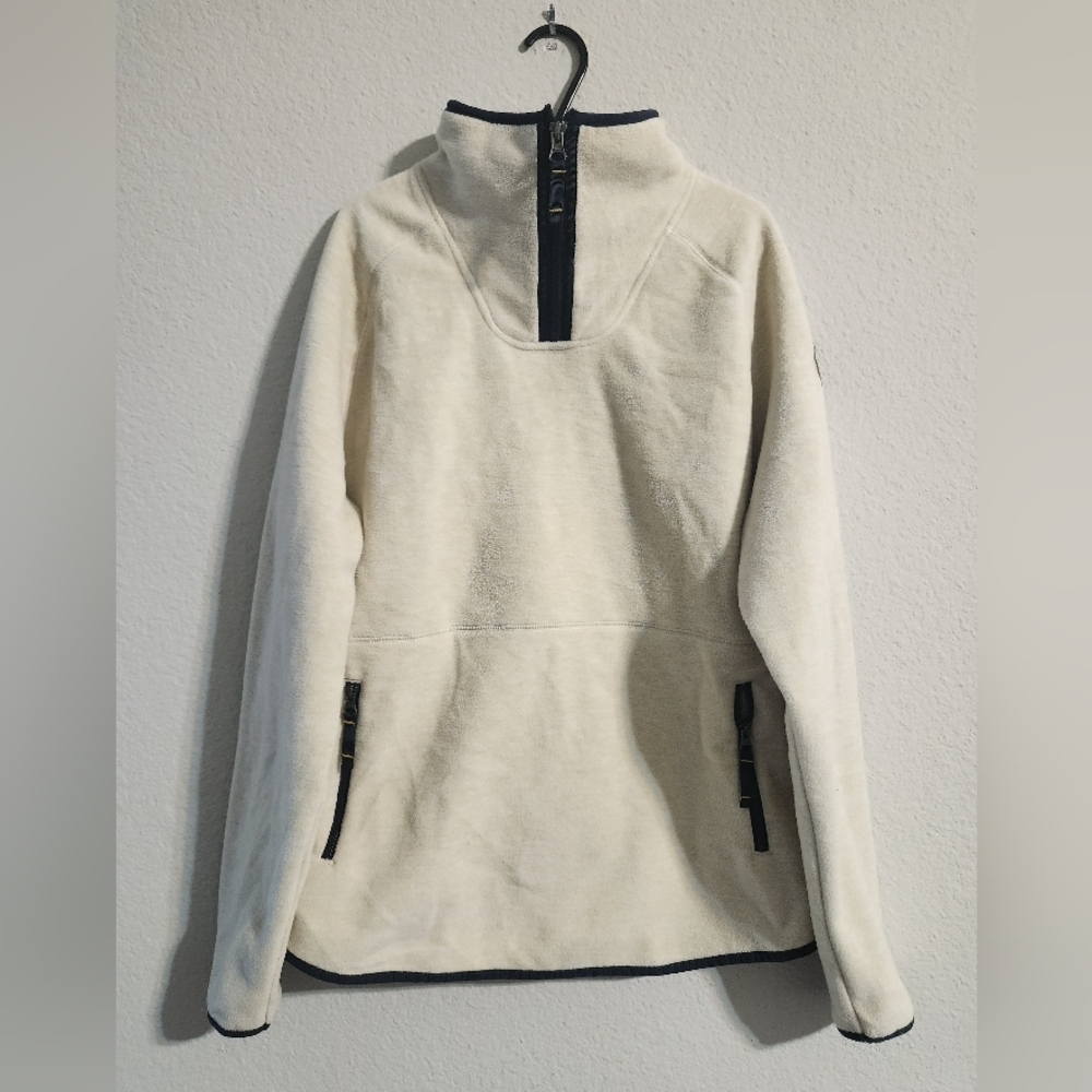 Pendleton Women’s Quarter-zip Cream pullover sweater Mock up blue trim size med